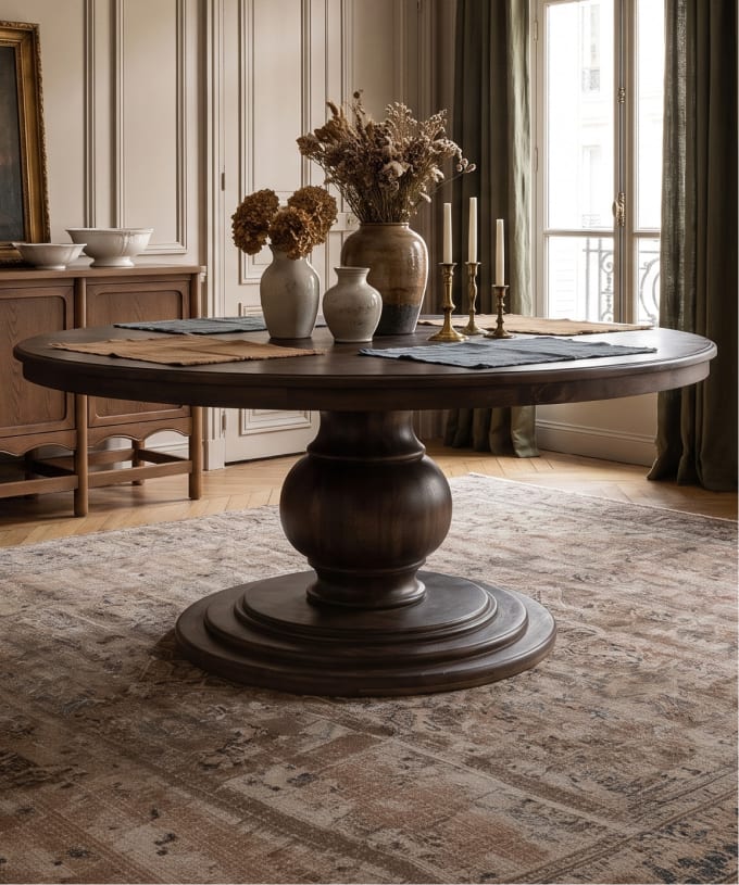 Round pedestal dining table in a collected dining room